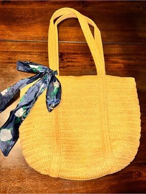 Straw Woven Tote Bag with Scarf Accent